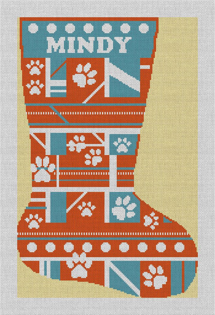 Orange Paw Print Needlepoint Stocking Canvas
